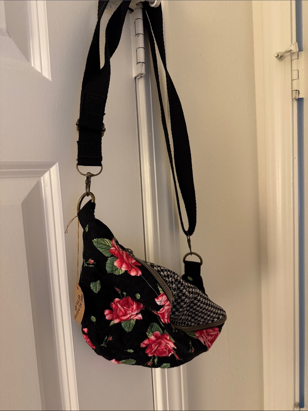Hand Crafted Black Crossbody Bag with Pink Floral Print